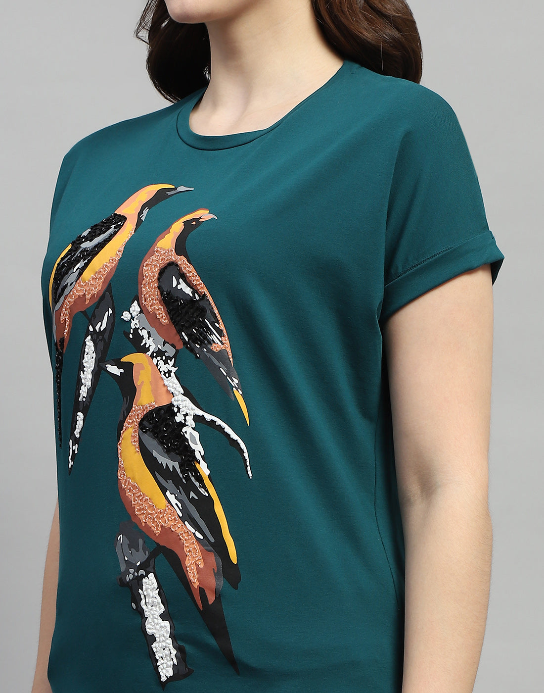 Women Green Printed Round Neck Half Sleeve Top