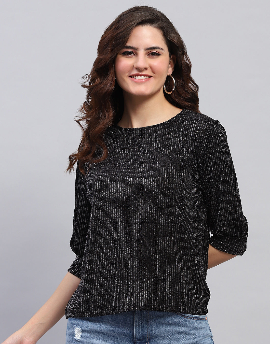 Women Black Self Design Round Neck 3/4 Sleeve Top