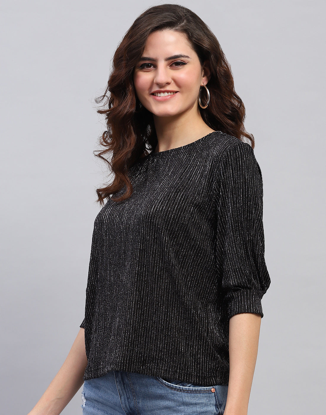 Women Black Self Design Round Neck 3/4 Sleeve Top