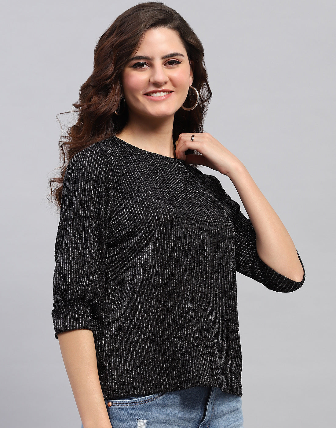 Women Black Self Design Round Neck 3/4 Sleeve Top