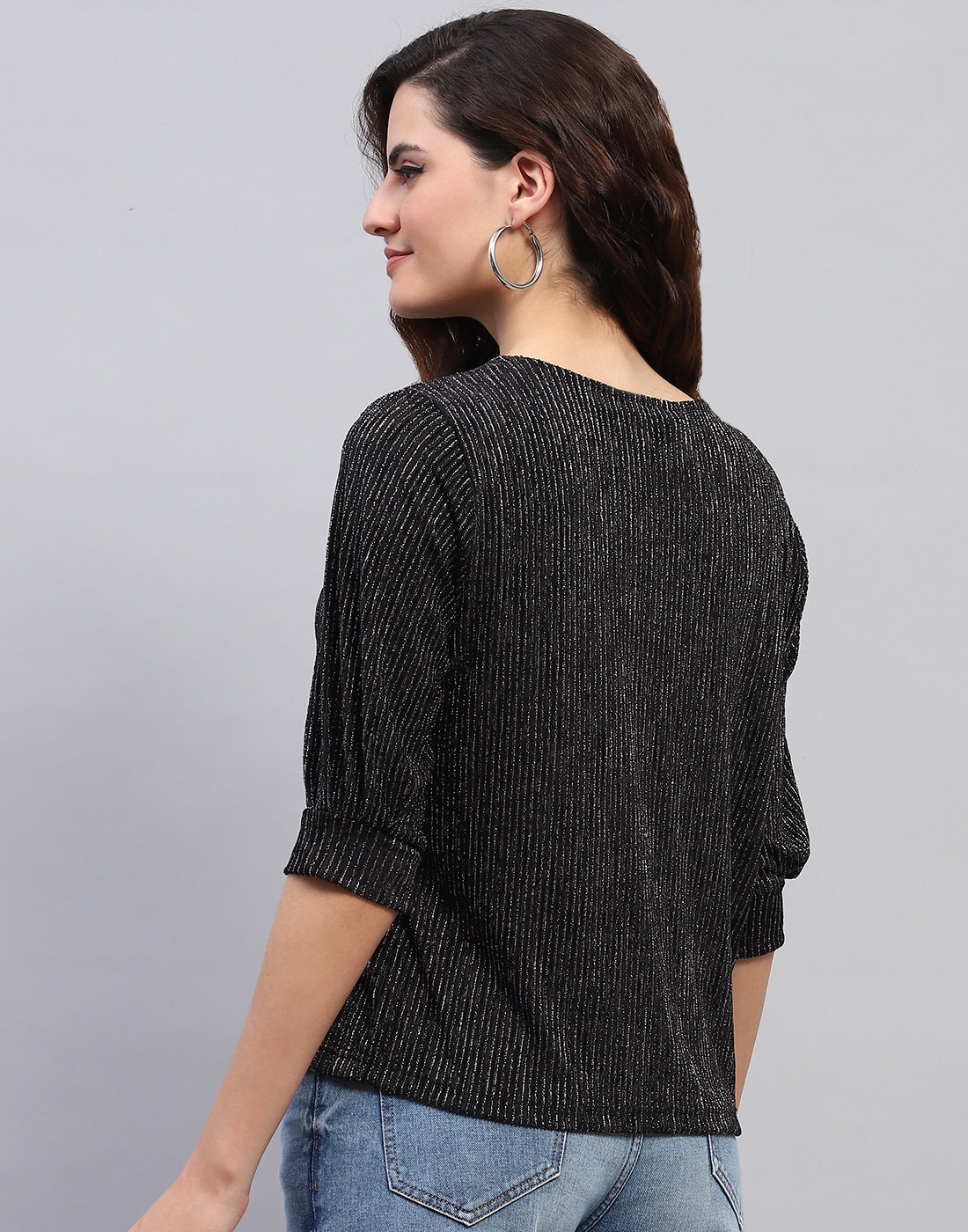 Women Black Self Design Round Neck 3/4 Sleeve Top