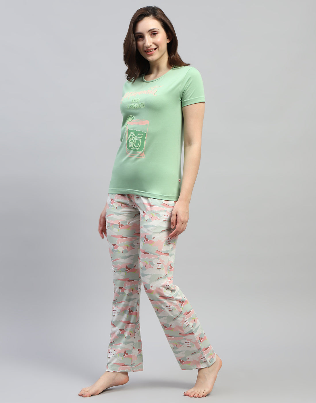 Women Green Printed Round Neck Half Sleeve Lower Set