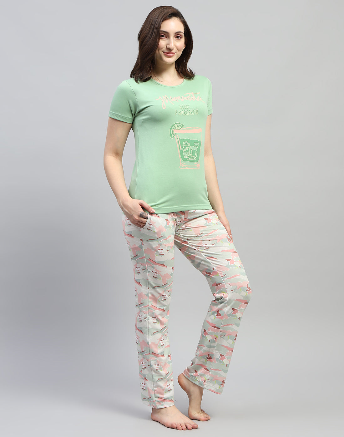 Women Green Printed Round Neck Half Sleeve Lower Set