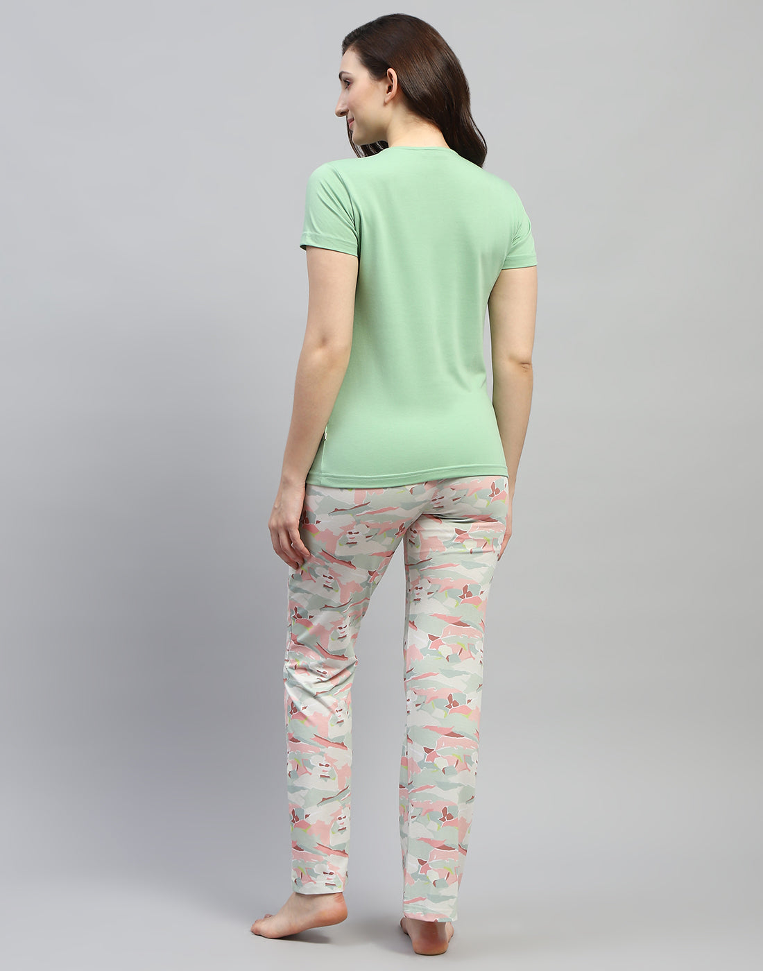 Women Green Printed Round Neck Half Sleeve Lower Set