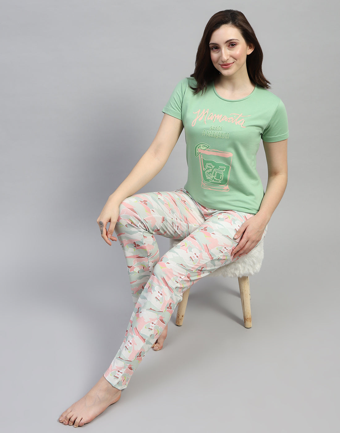 Women Green Printed Round Neck Half Sleeve Lower Set