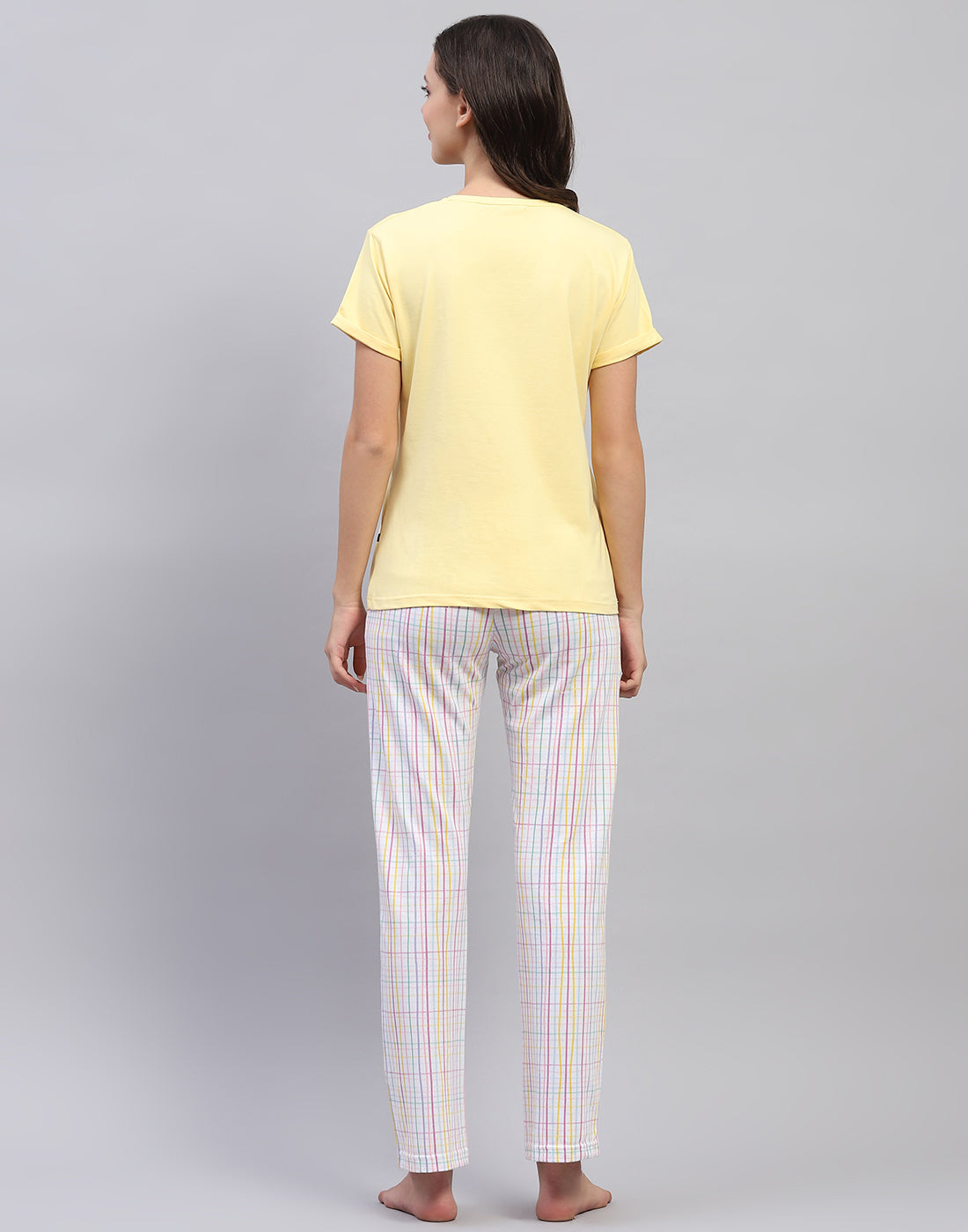 Women Yellow & White Printed Round Neck Half Sleeve Lower Set