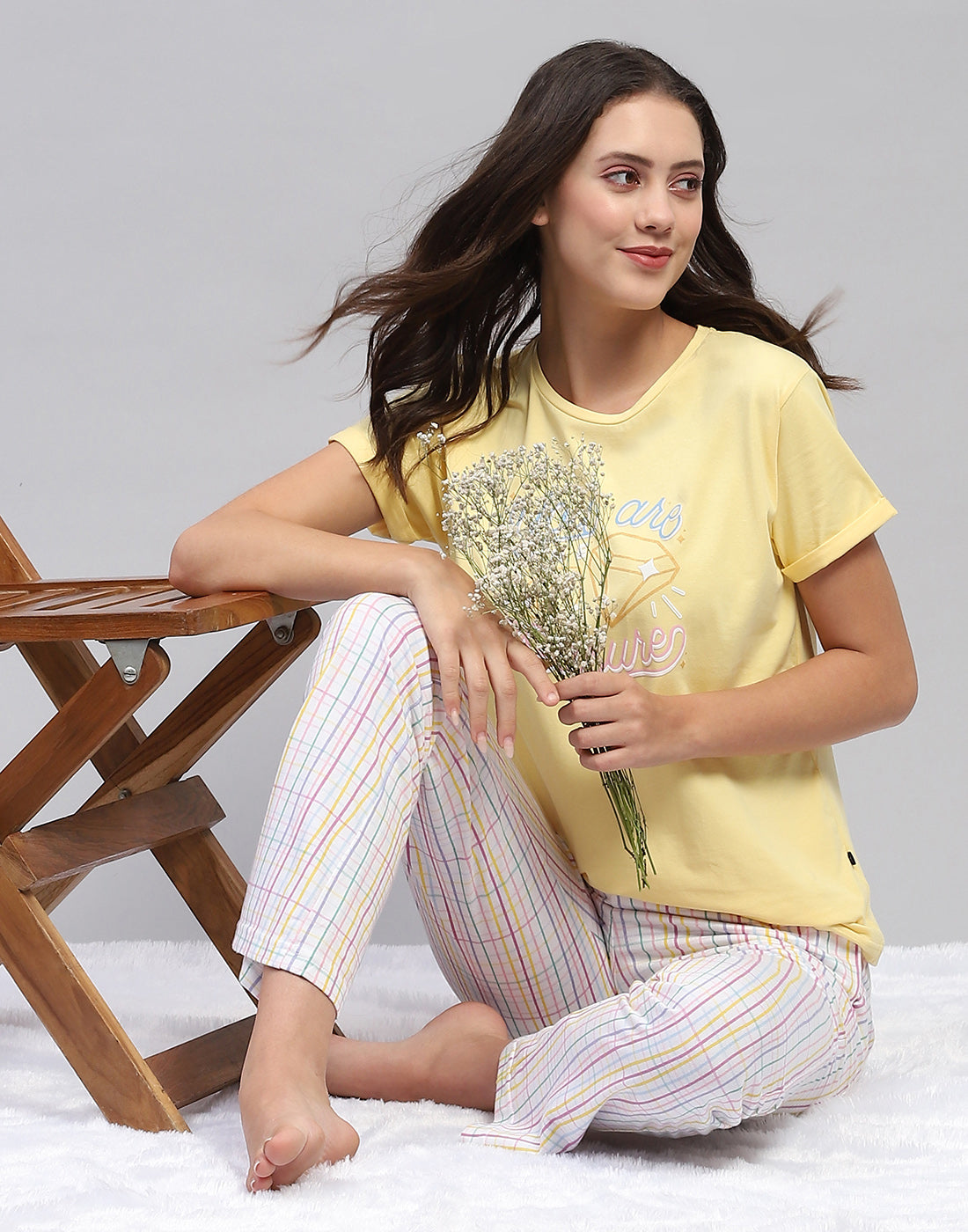 Women Yellow & White Printed Round Neck Half Sleeve Lower Set