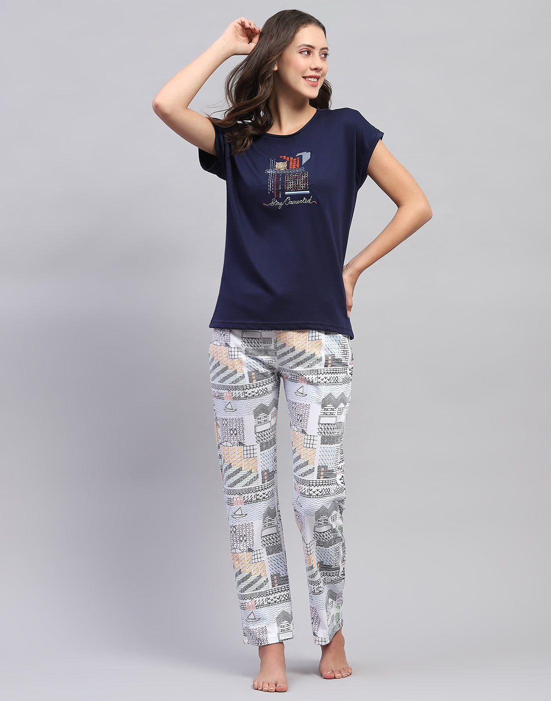 Women Navy Blue Embroidered Round Neck Half Sleeve Lower Set