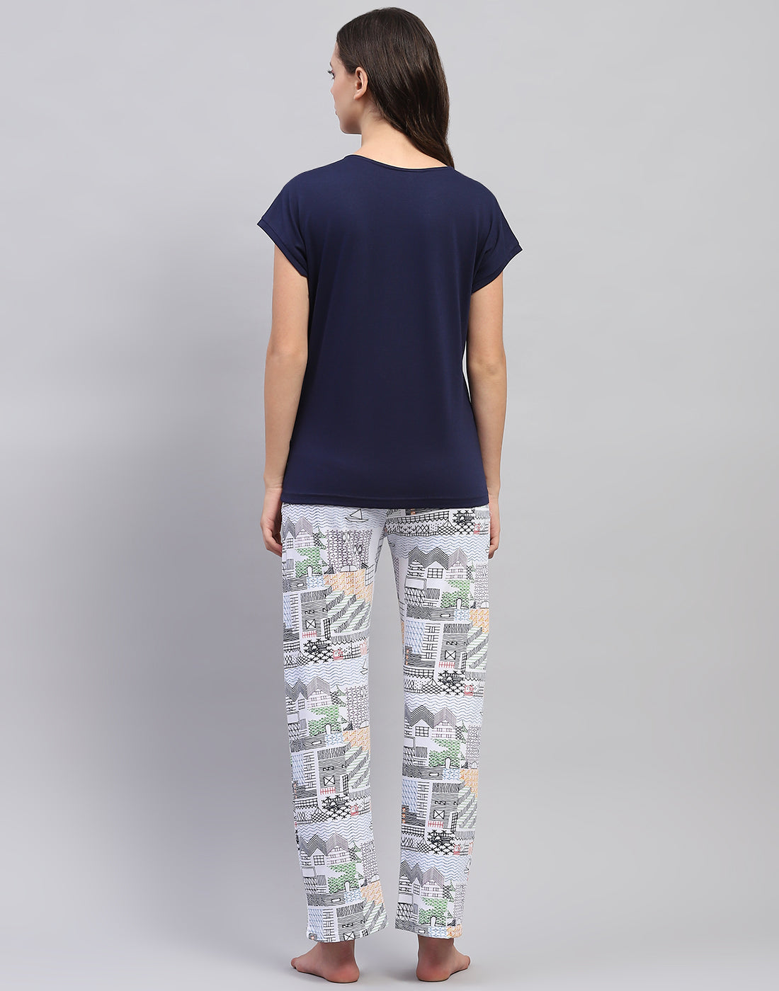 Women Navy Blue Embroidered Round Neck Half Sleeve Lower Set