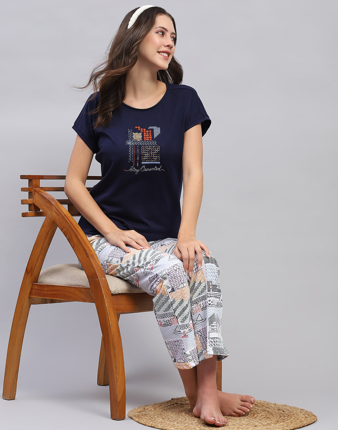 Women Navy Blue Embroidered Round Neck Half Sleeve Lower Set