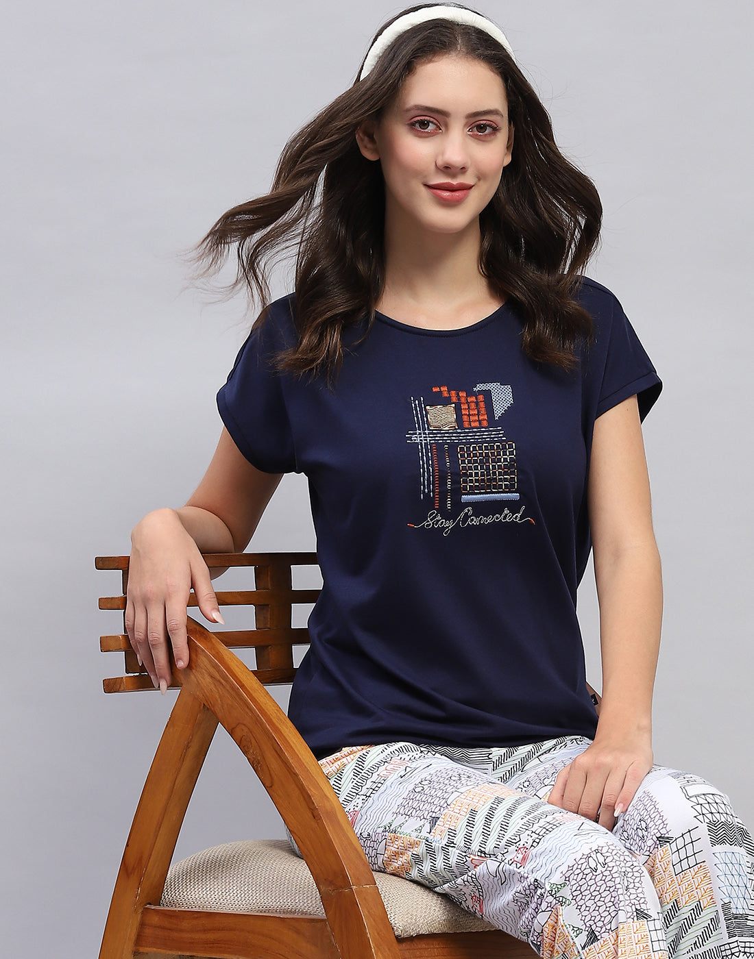 Women Navy Blue Embroidered Round Neck Half Sleeve Lower Set