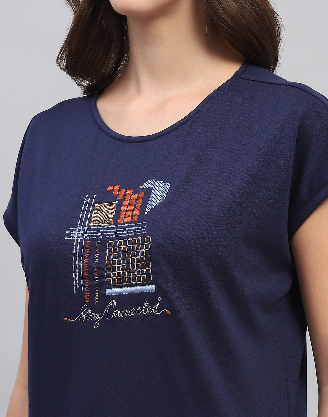 Women Navy Blue Embroidered Round Neck Half Sleeve Lower Set