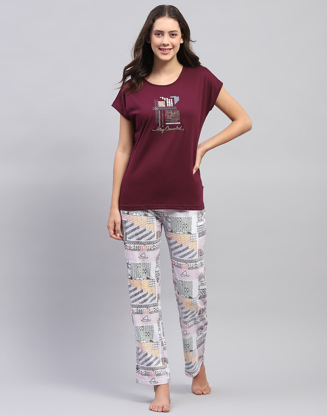Women Burgundy Embroidered Round Neck Half Sleeve Lower Set