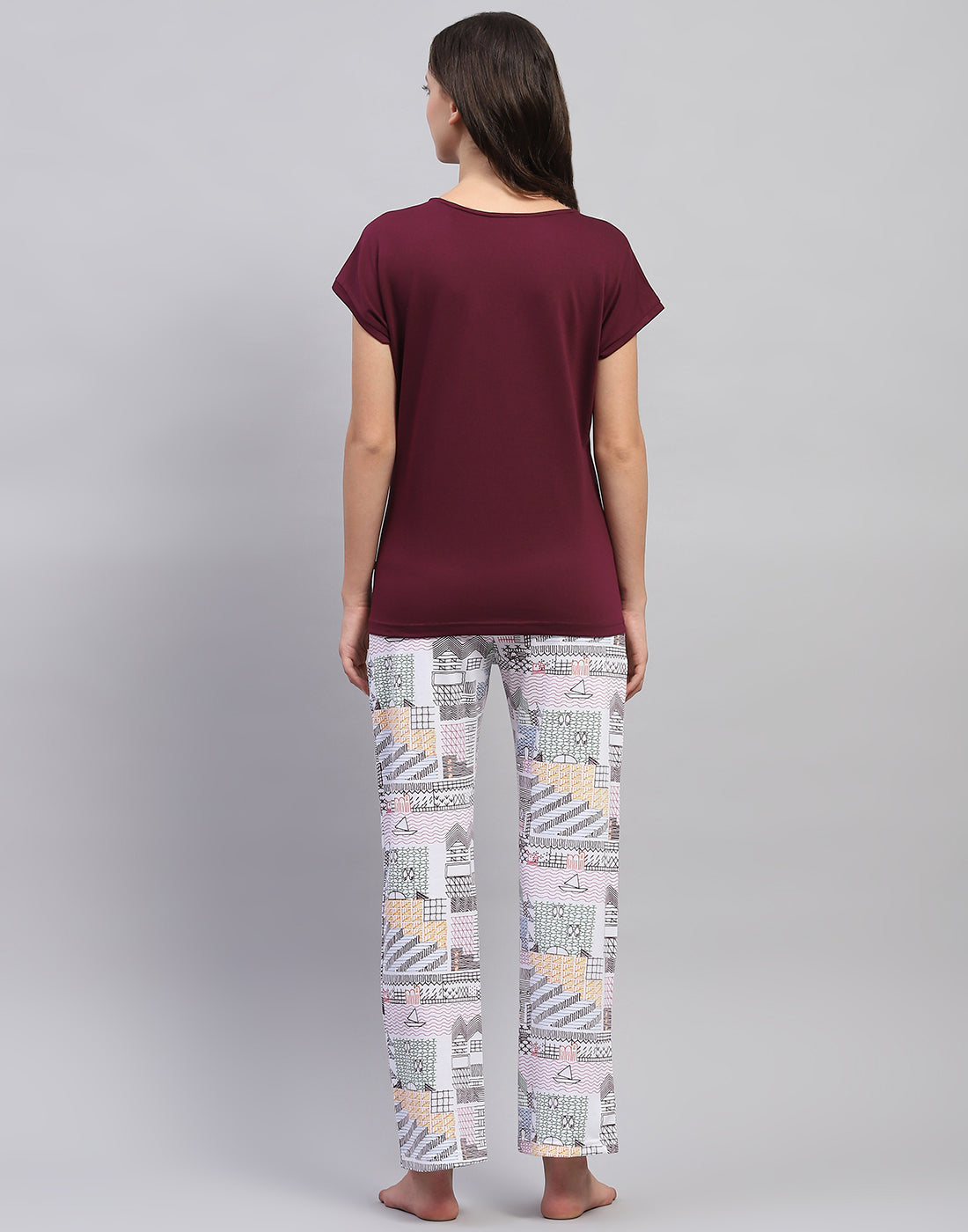 Women Burgundy Embroidered Round Neck Half Sleeve Lower Set