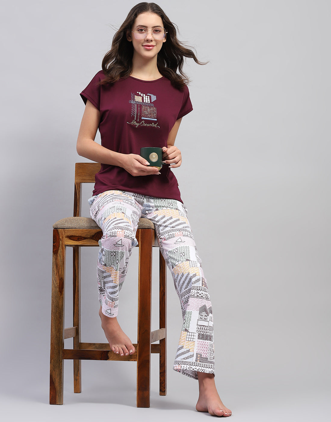 Women Burgundy Embroidered Round Neck Half Sleeve Lower Set