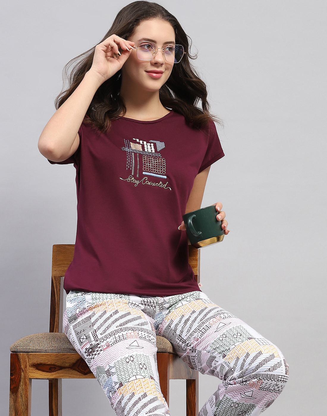 Women Burgundy Embroidered Round Neck Half Sleeve Lower Set