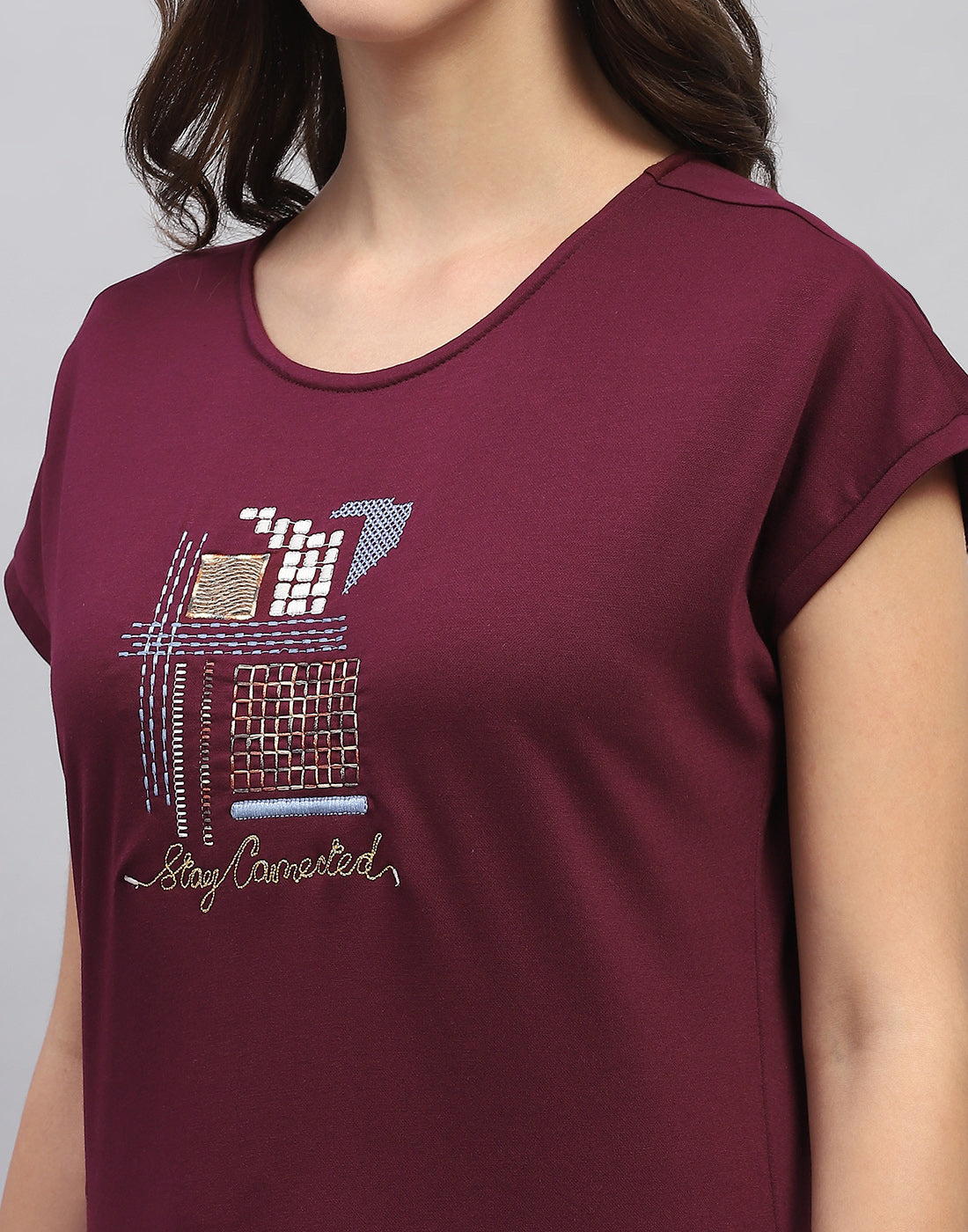 Women Burgundy Embroidered Round Neck Half Sleeve Lower Set