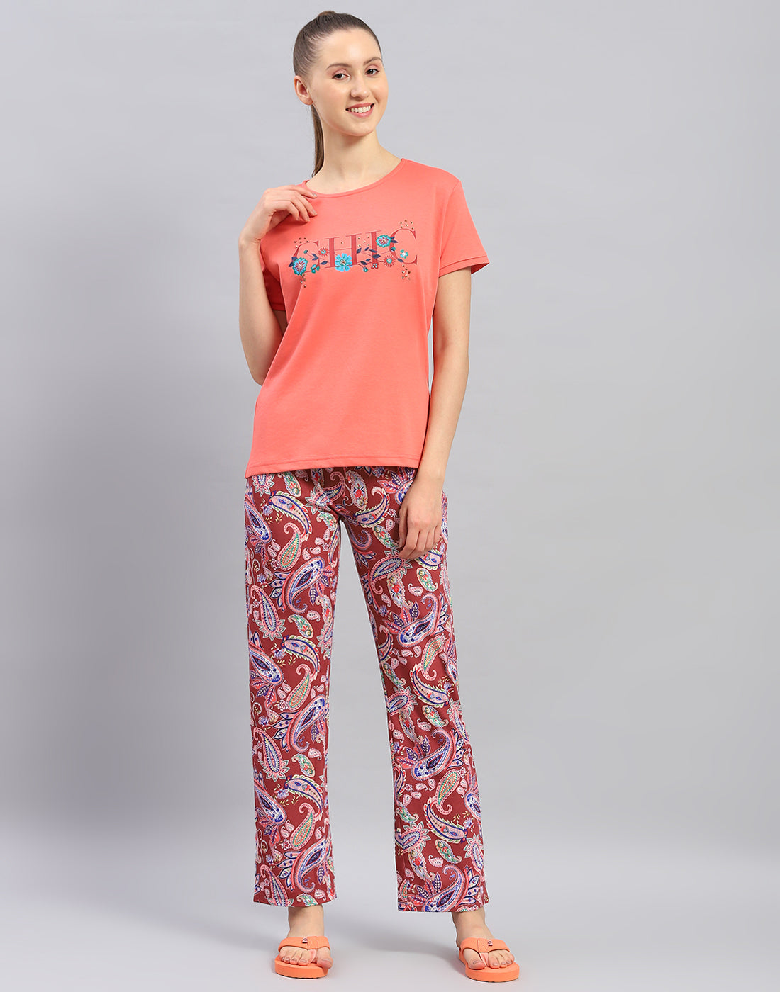 Women Orange Printed Round Neck Half Sleeve Lower Set