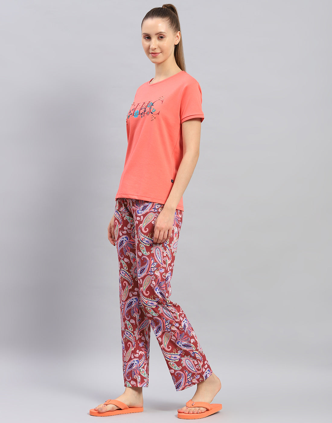 Women Orange Printed Round Neck Half Sleeve Lower Set