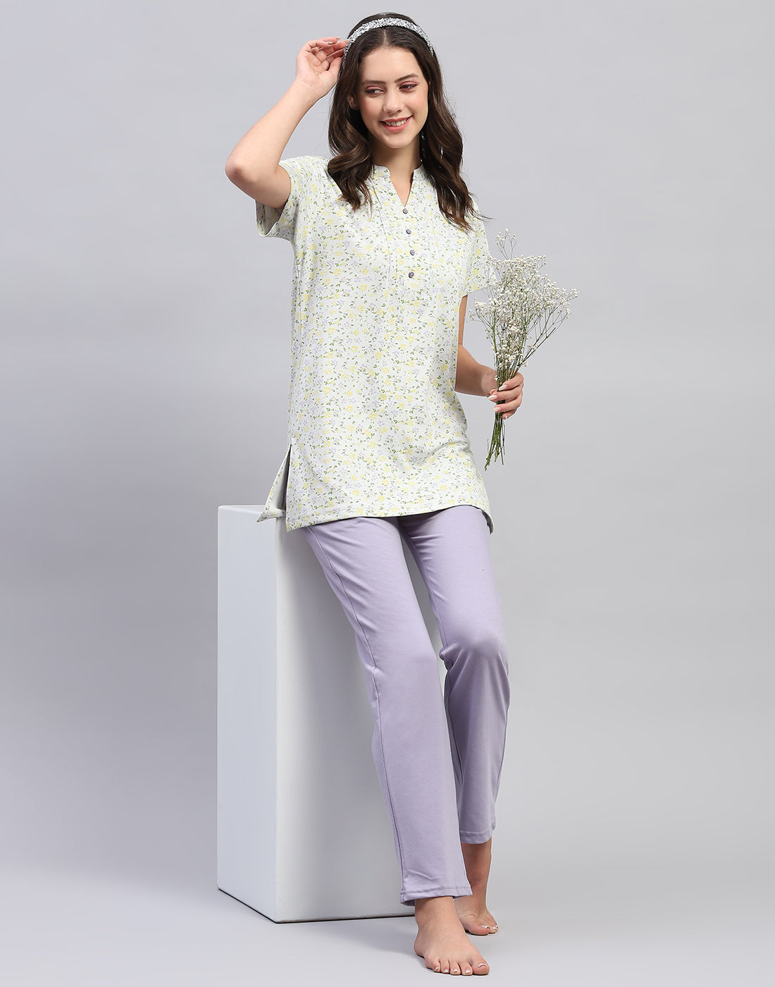 Women Green & Purple Printed Fashion Neck Half Sleeve Lower Set