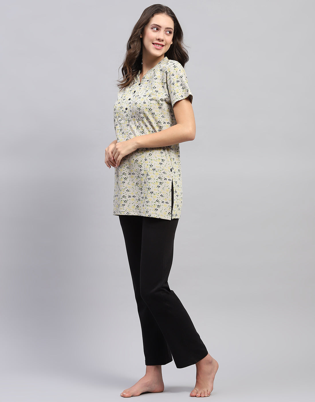 Women Grey & Black Printed Fashion Neck Half Sleeve Lower Set