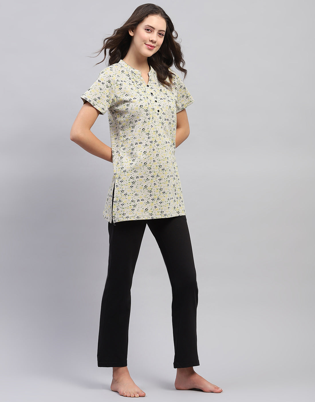 Women Grey & Black Printed Fashion Neck Half Sleeve Lower Set