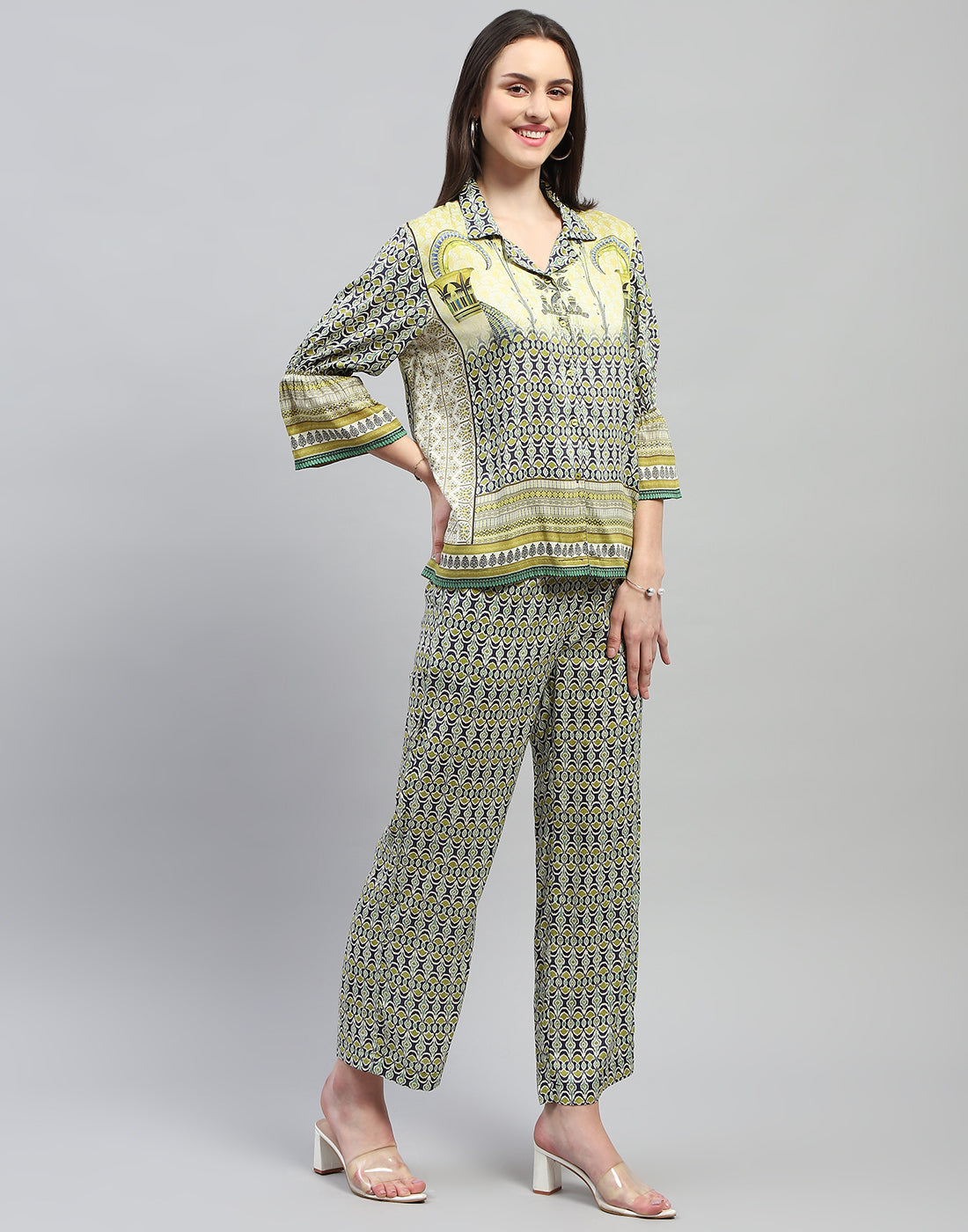 Women Green Printed Collar Neck 3/4 Sleeve Lower Set
