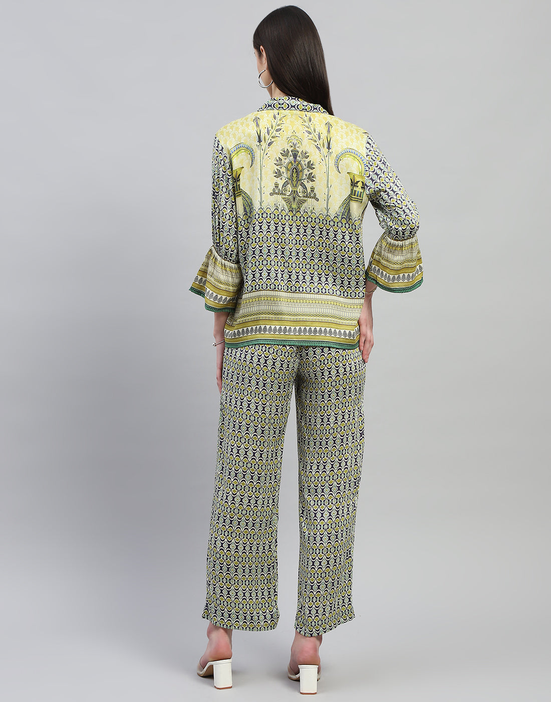 Women Green Printed Collar Neck 3/4 Sleeve Lower Set