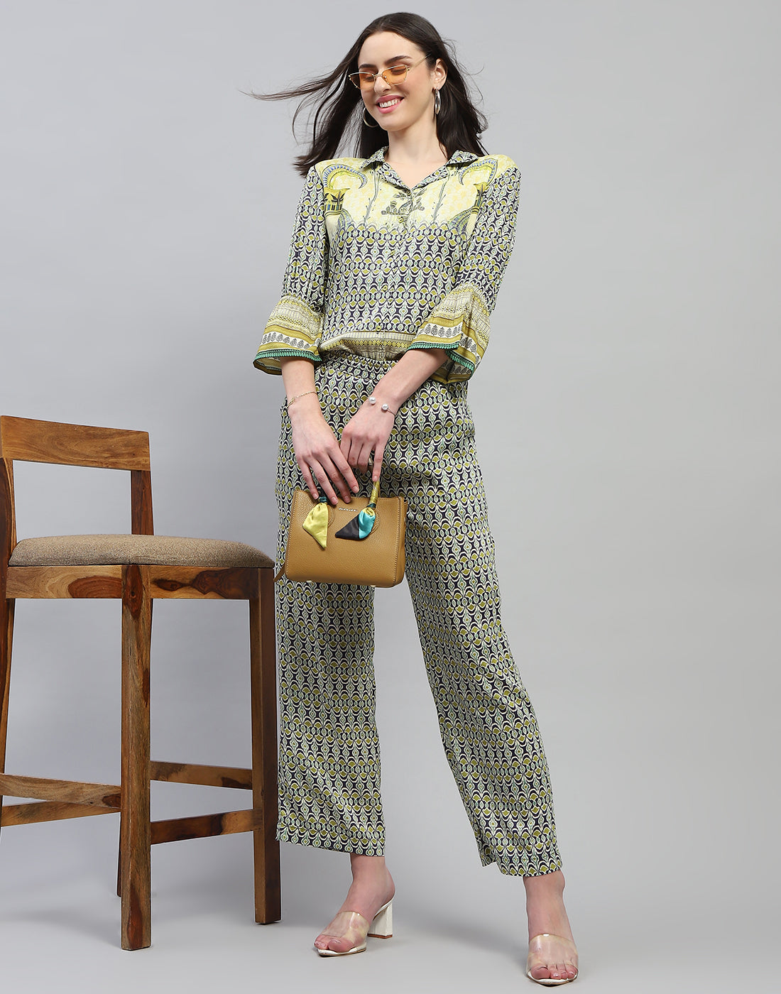 Women Green Printed Collar Neck 3/4 Sleeve Lower Set