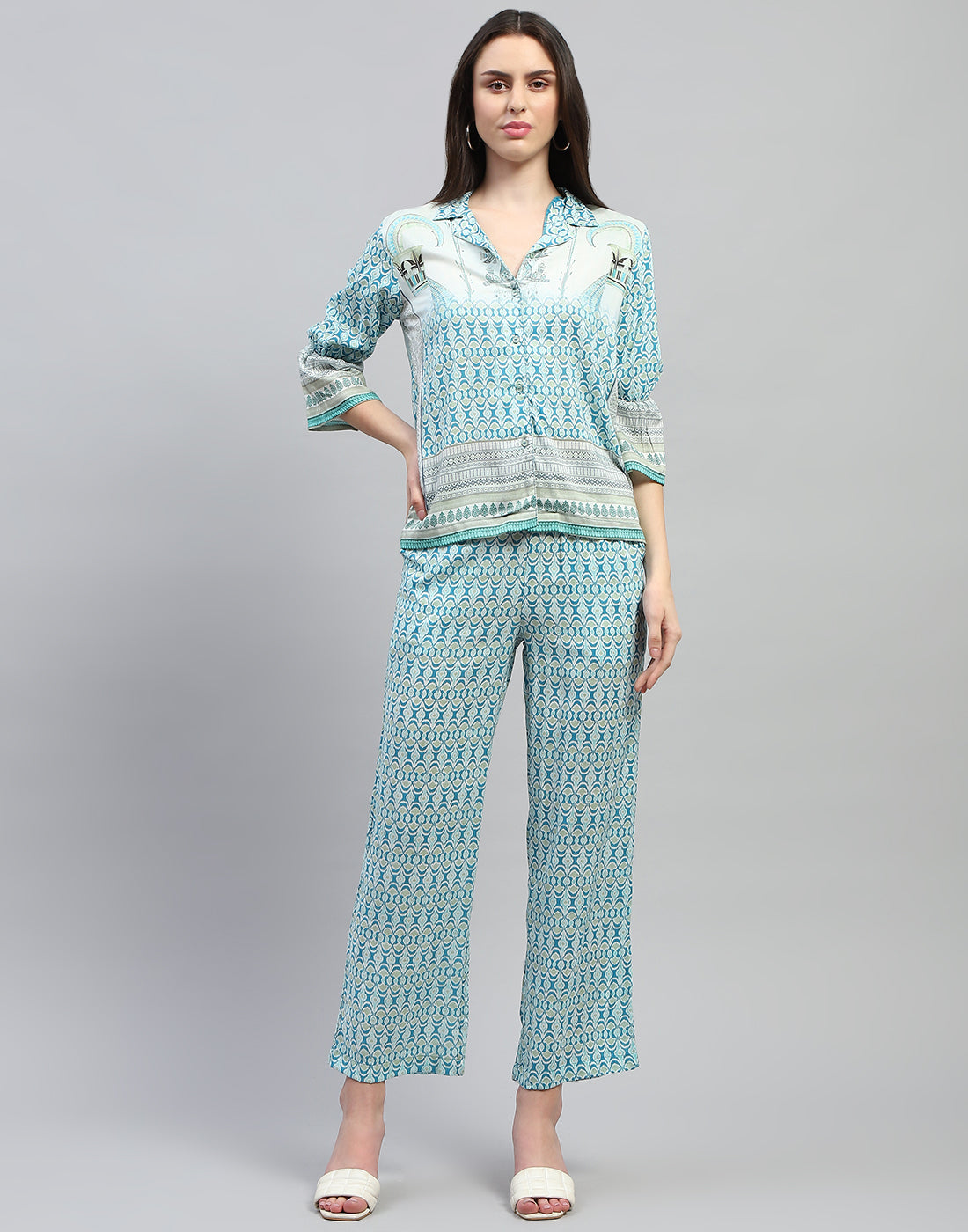 Women Aqua Blue Printed Collar Neck Lower Set