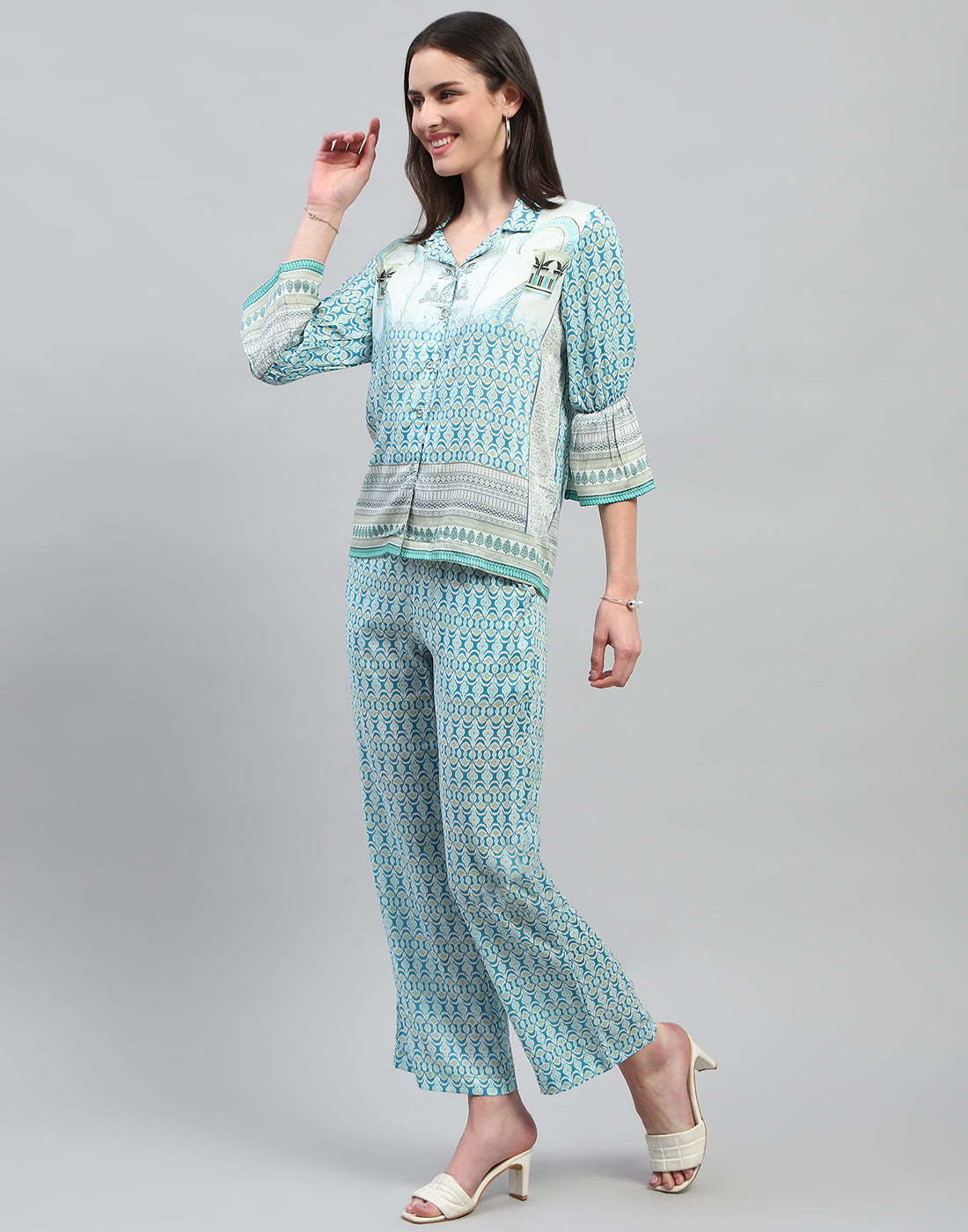 Women Aqua Blue Printed Collar Neck Lower Set