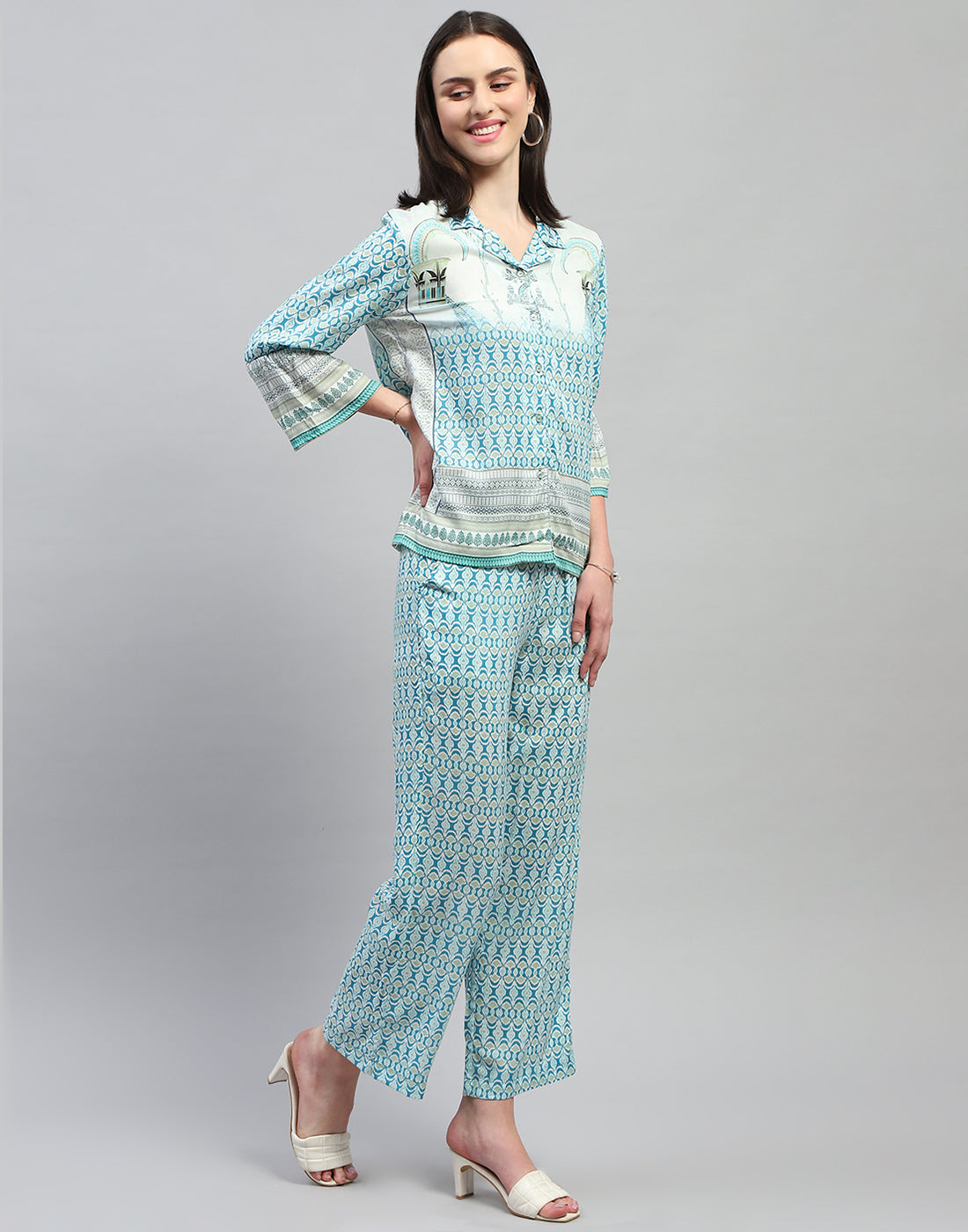 Women Aqua Blue Printed Collar Neck Lower Set