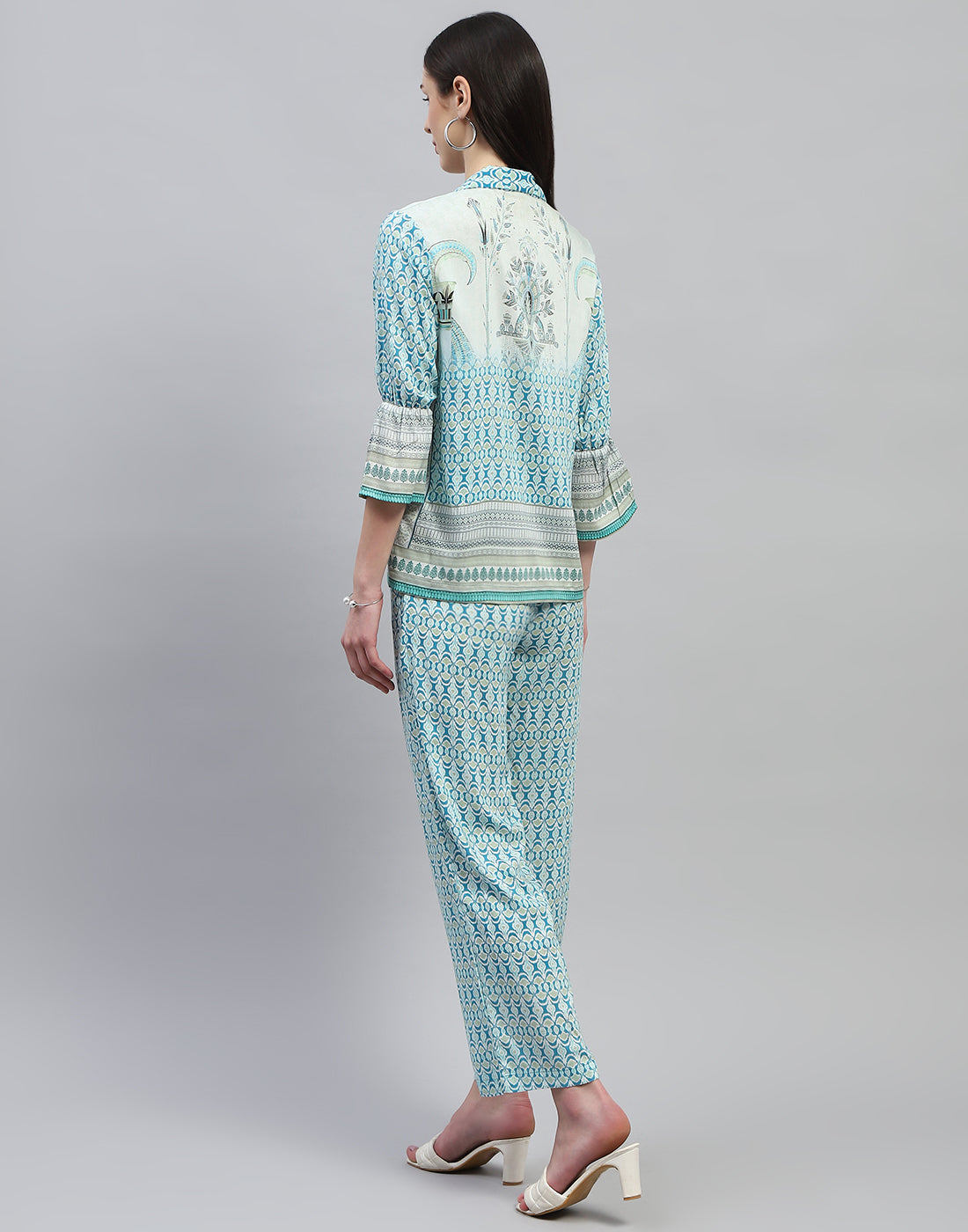 Women Aqua Blue Printed Collar Neck Lower Set