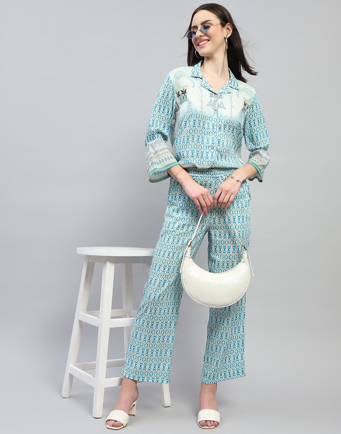 Women Aqua Blue Printed Collar Neck Lower Set