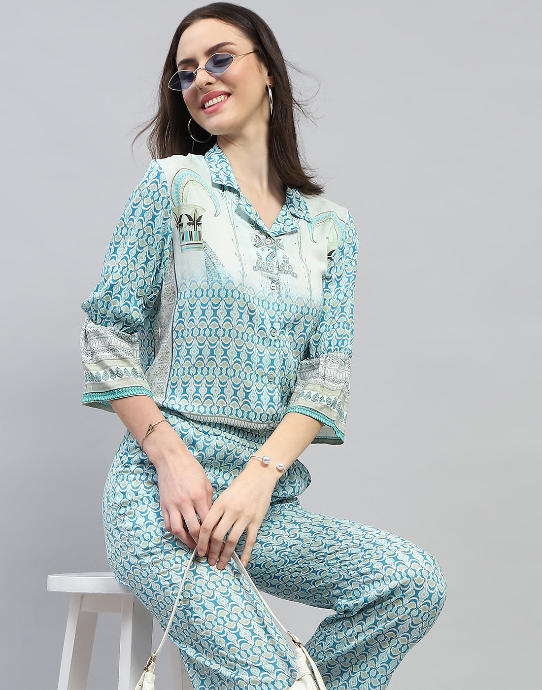 Women Aqua Blue Printed Collar Neck Lower Set