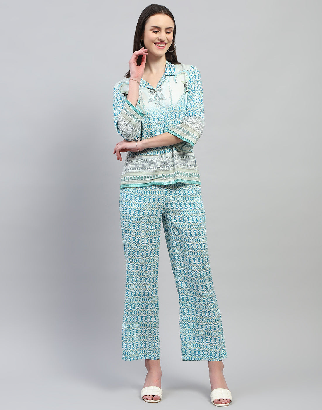 Women Aqua Blue Printed Collar Neck Lower Set