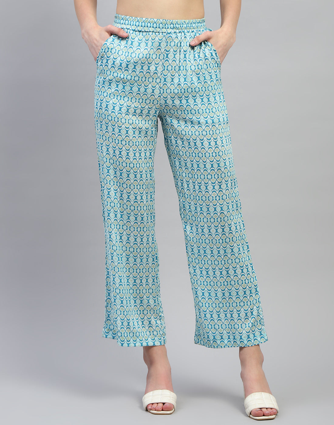 Women Aqua Blue Printed Collar Neck Lower Set