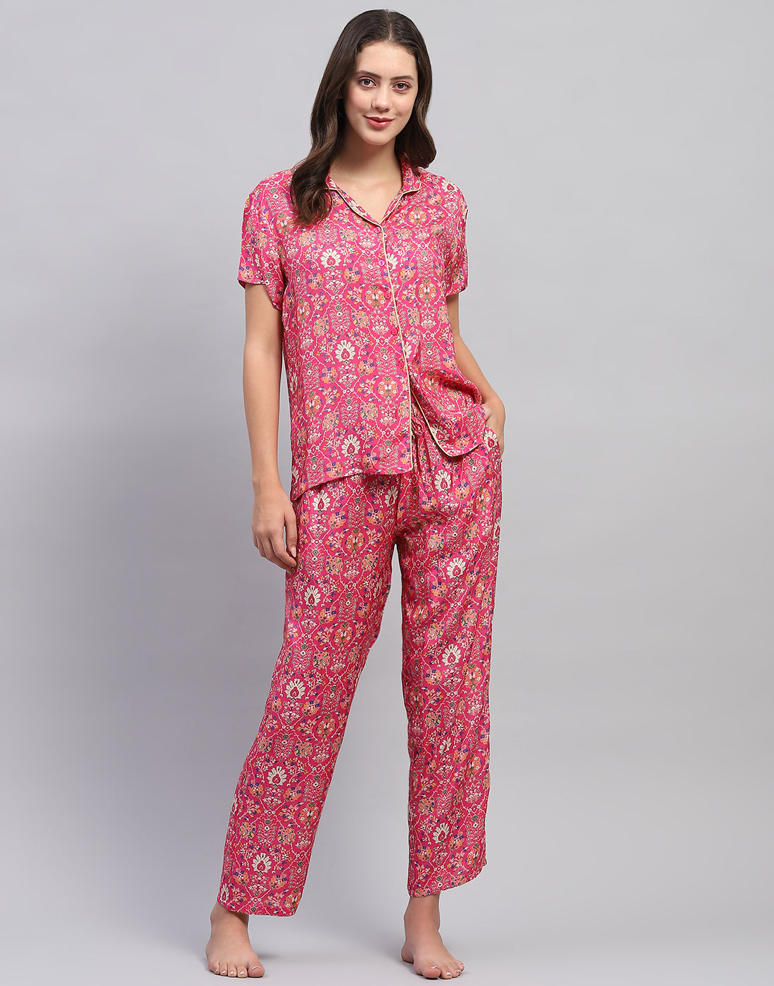 Women Magenta Printed Front Open Half Sleeve Lower Set
