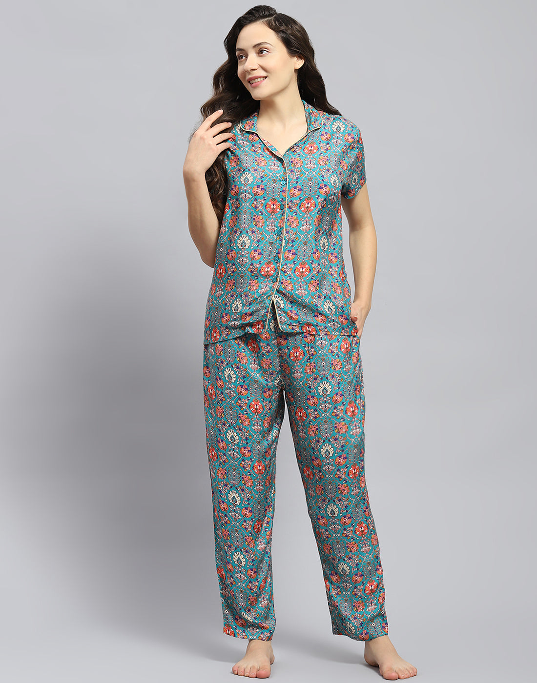 Women Teal Blue Solid Collar Half Sleeve Lower Set