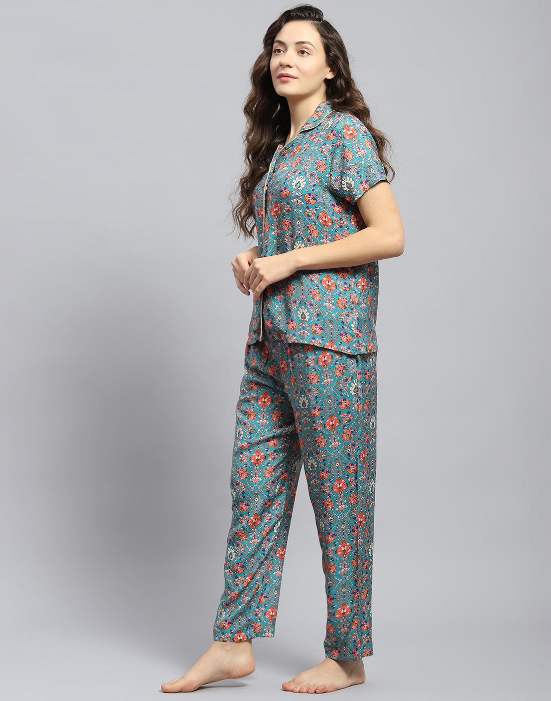 Women Teal Blue Solid Collar Half Sleeve Lower Set