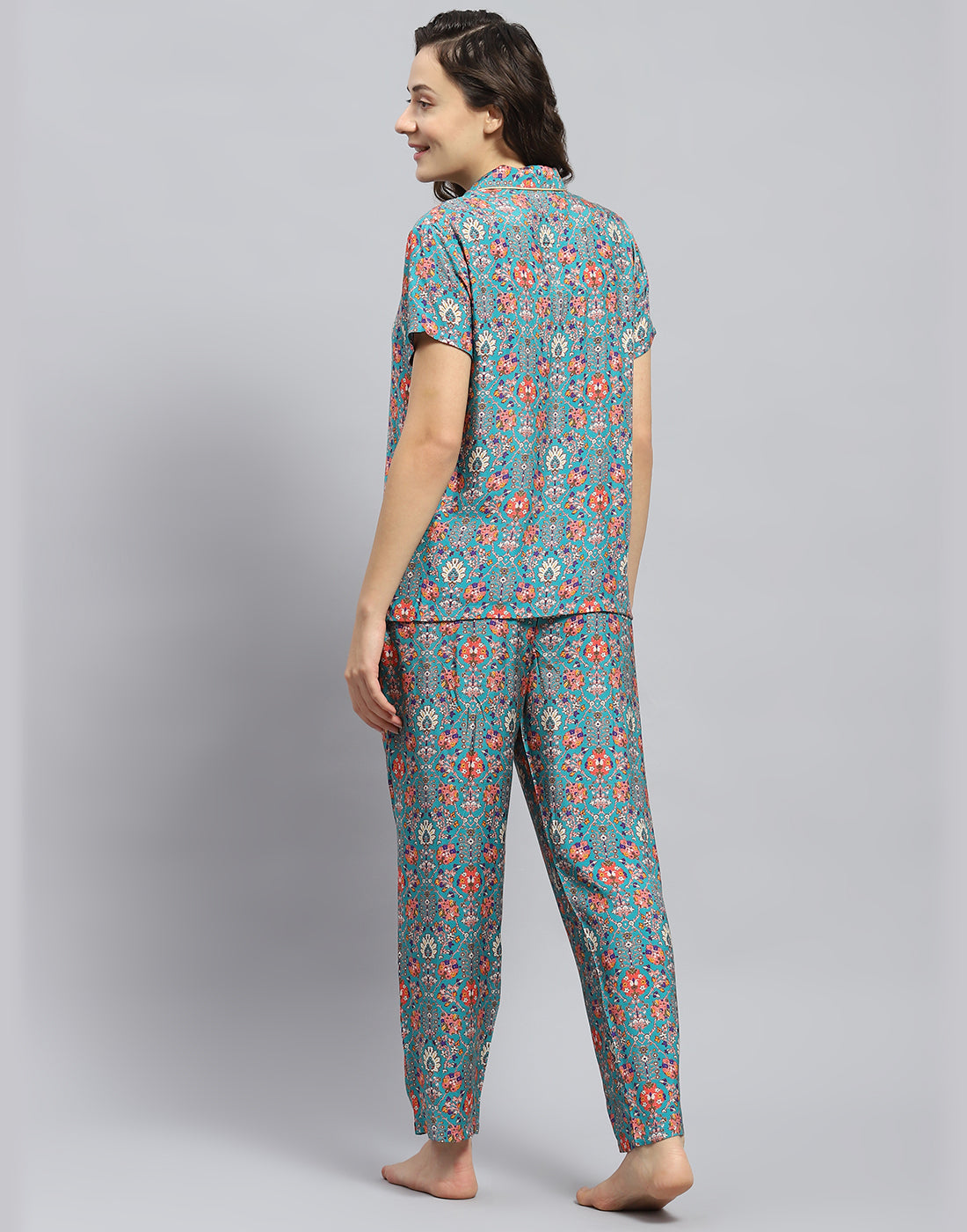 Women Teal Blue Solid Collar Half Sleeve Lower Set