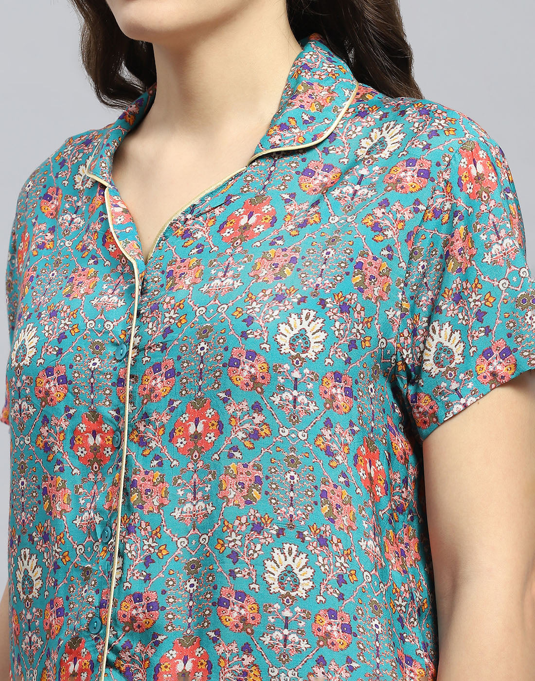 Women Teal Blue Solid Collar Half Sleeve Lower Set