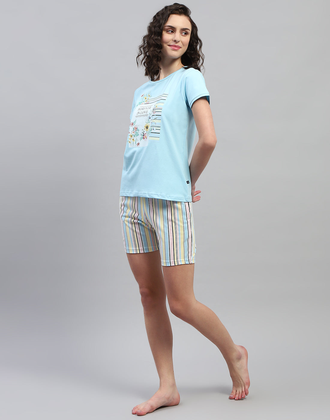 Women Sky Blue Printed Round Neck Half Sleeve Combo 3Pc Set