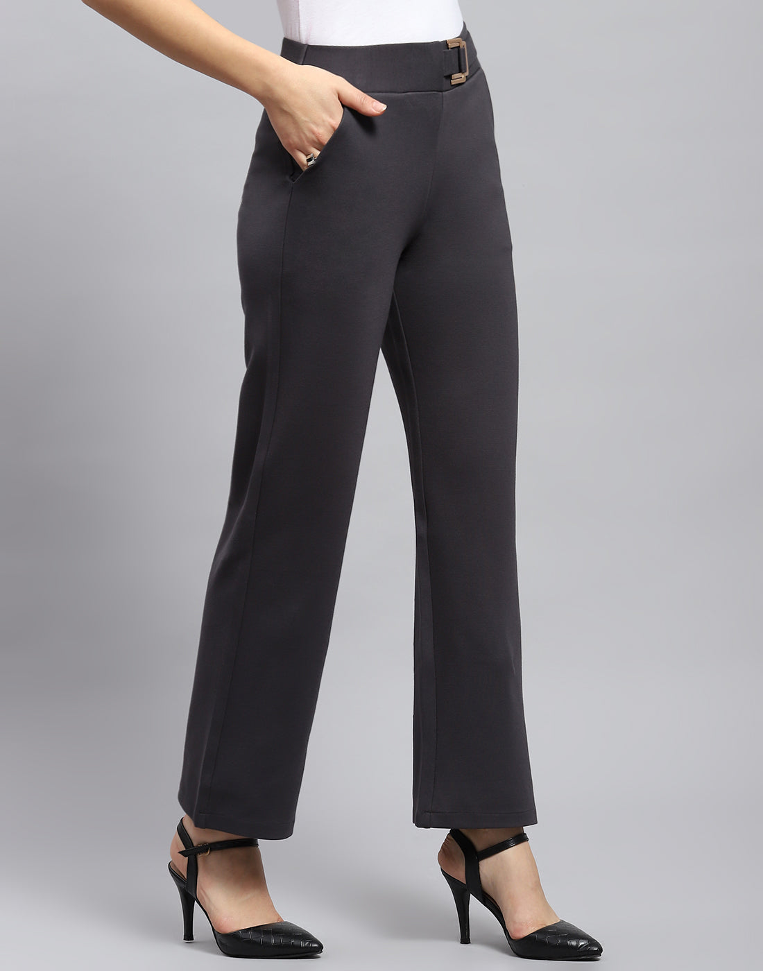 Women Charcoal Solid Regular Fit Trouser