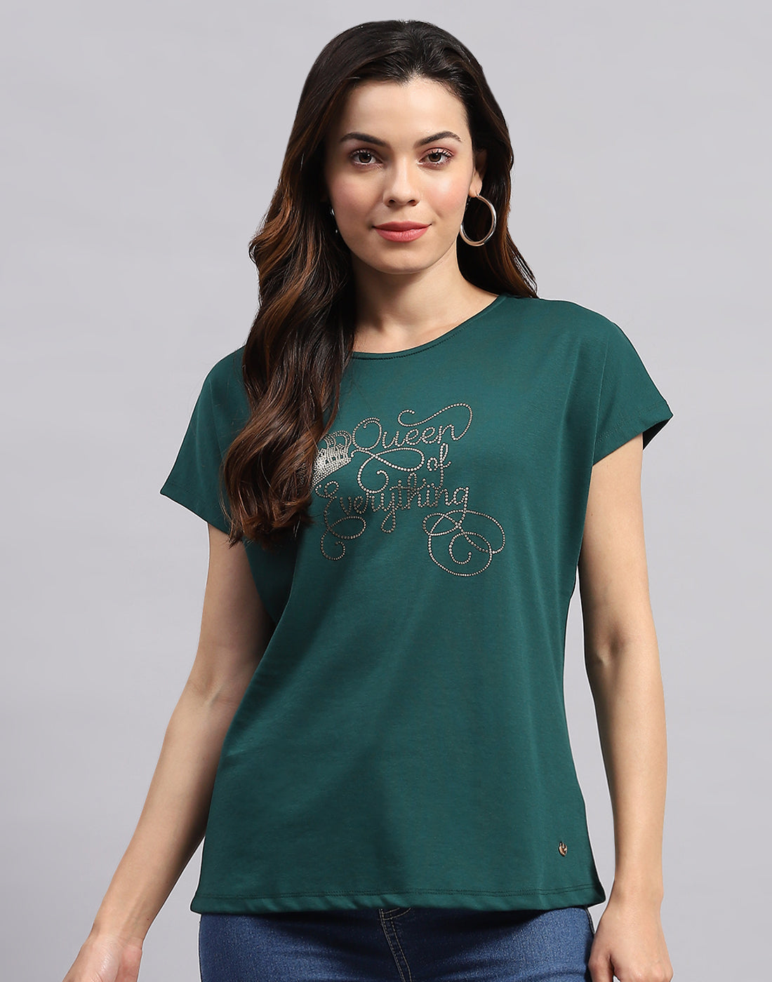 Women Green Printed Round Neck Half Sleeve Top