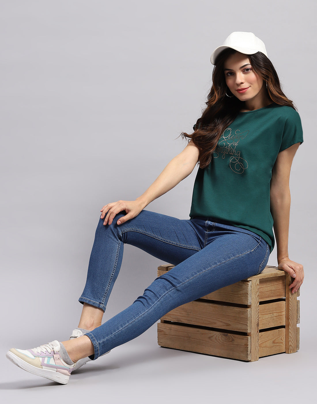 Women Green Printed Round Neck Half Sleeve Top