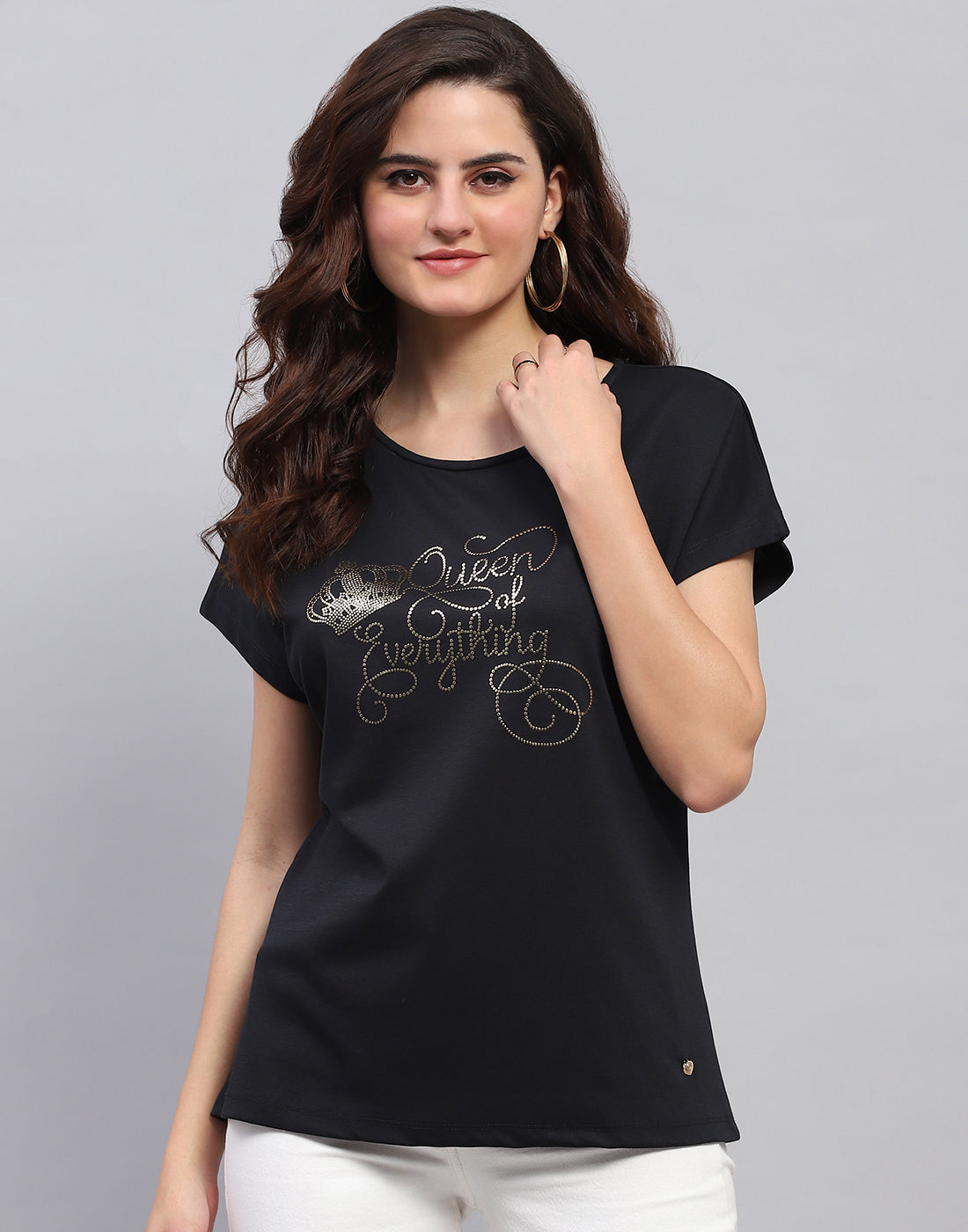 Women Navy Blue Printed Round Neck Half Sleeve Top