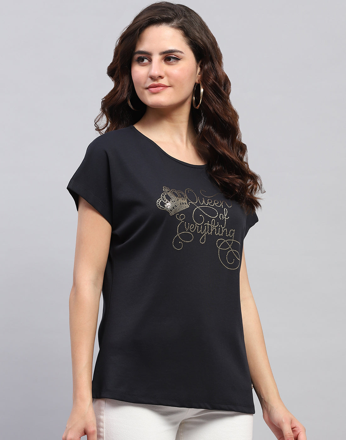 Women Navy Blue Printed Round Neck Half Sleeve Top