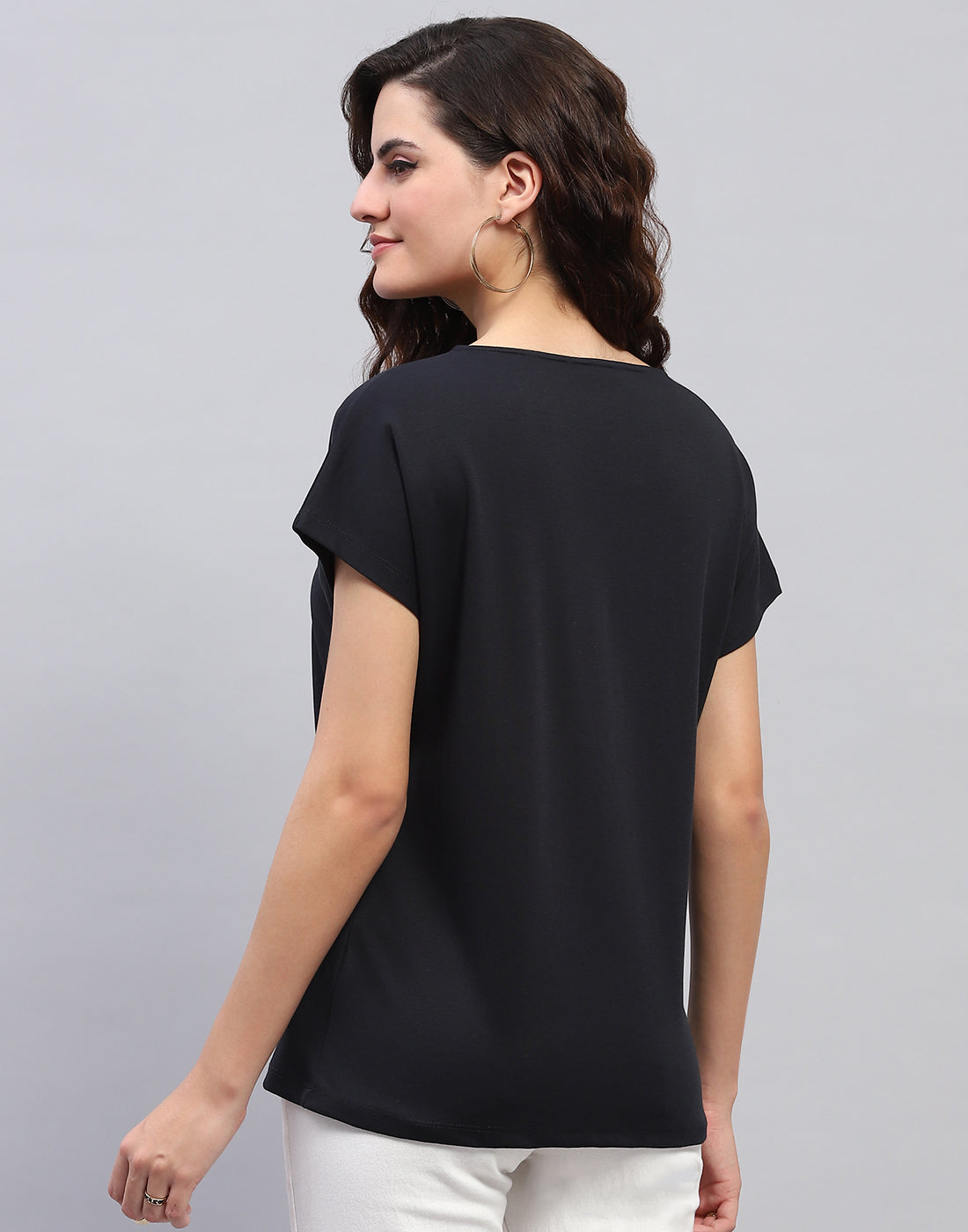 Women Navy Blue Printed Round Neck Half Sleeve Top