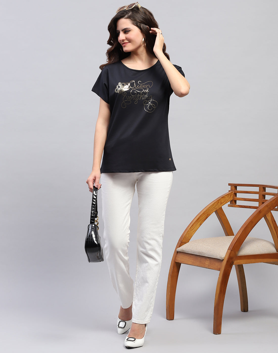 Women Navy Blue Printed Round Neck Half Sleeve Top